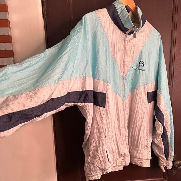 90s Vintage SERGIO TACCHINI | Blue and White Windbreaker Track Jacket Sz 56 / XL - Picture 3 of 7